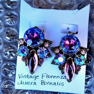 Vtg Florenza Rhinestone Clip On Earrings Blue Purple Aurora Borealis